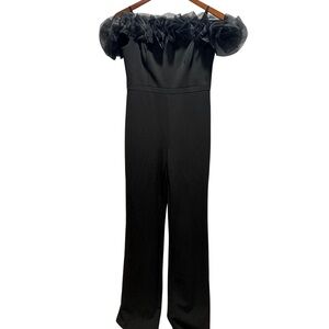 Aidan Mattox Black Off Shoulder Ruffle Tulle Formal‎ Jumpsuit